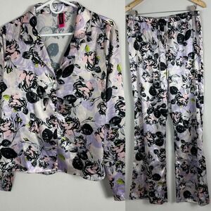 La Senza Floral Pajama Set Silky Lounge Sleepwear Button Up Top Wide Leg Pants M